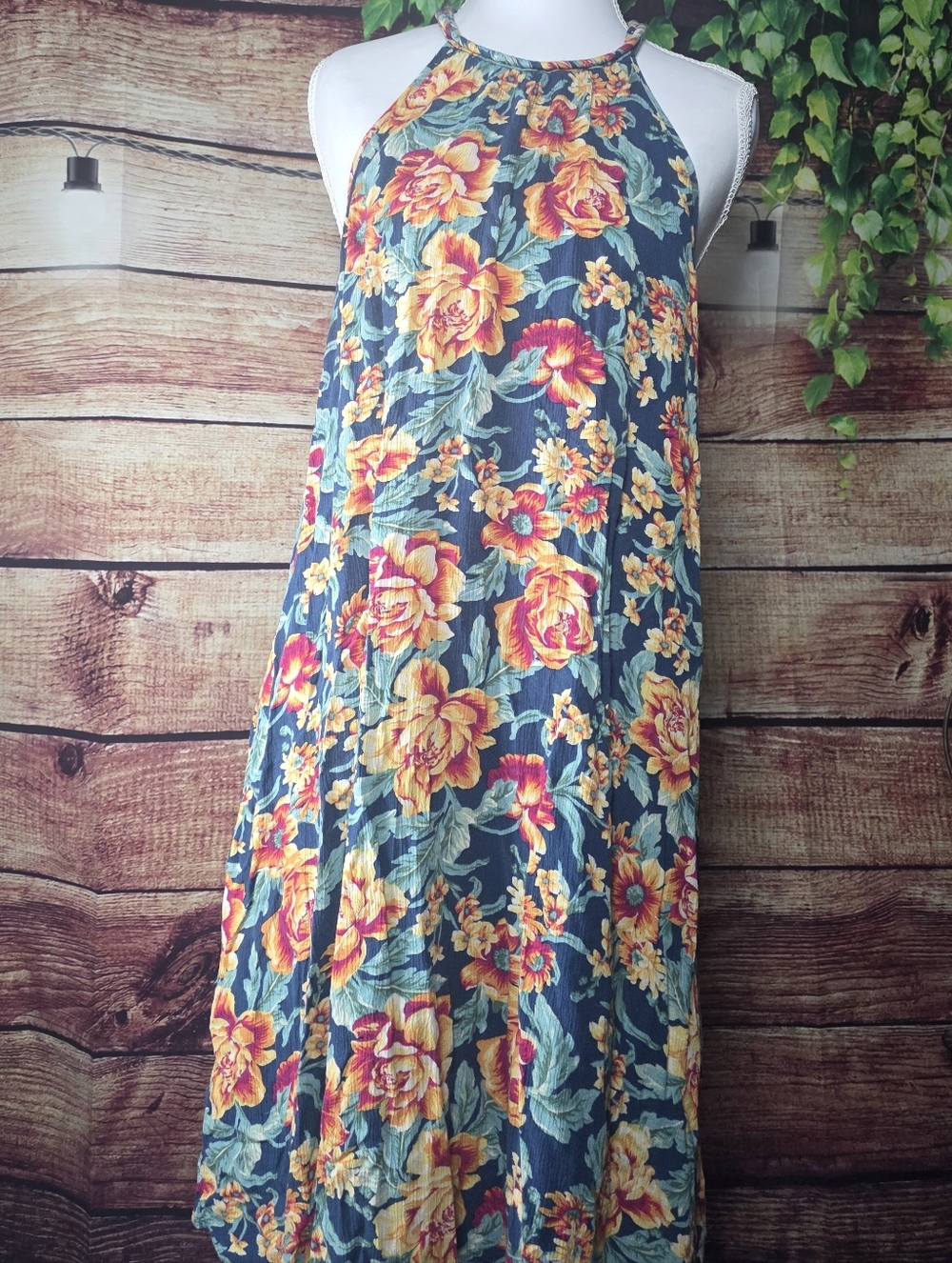American Eagle Outfitters Blue Halter Midi Dress with Yellow Floral Print